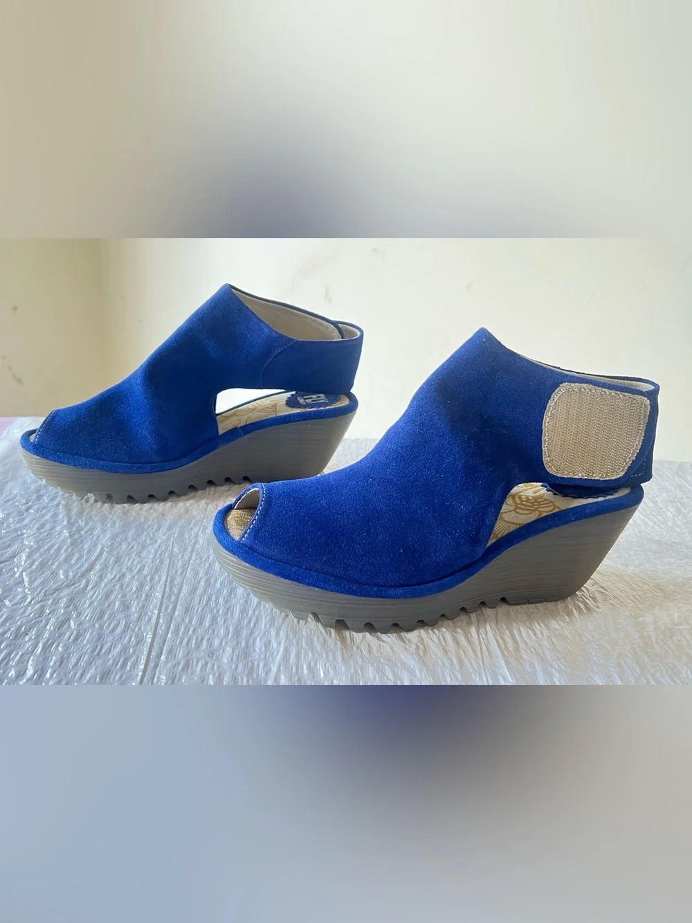 Fly London Royal Blue Suede Peep-Toe Wedge Sandals